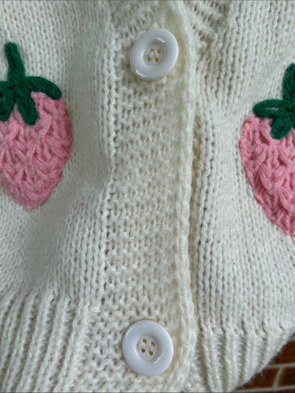 Cottagecore Cream Knit Cardigan with Pink Strawberry Appliqués - Picture 5 of 6